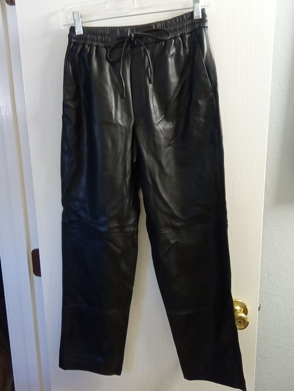 Black Faux Leather Wide-Leg Drawstring Pants